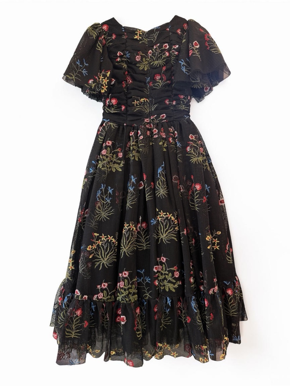 JessaKae Sybil Black Floral Embroidered Flutter Sleeve Midi Dress XS - Picture 7 of 9